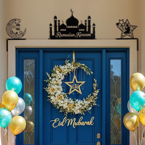Blulu 3 Pcs Ramadan Door Decoration Metal Ramadan Mubarak Door Topper Eid Mubarak Frame Decoration for Islamic Muslim Cabinet Shelf Window Wall Home Office Kitchen Decor(Eid) - style: Eid