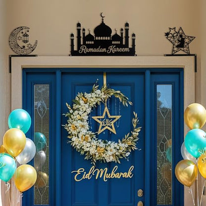 Blulu 3 Pcs Ramadan Door Decoration Metal Ramadan Mubarak Door Topper Eid Mubarak Frame Decoration for Islamic Muslim Cabinet Shelf Window Wall Home Office Kitchen Decor(Eid) - style: Eid