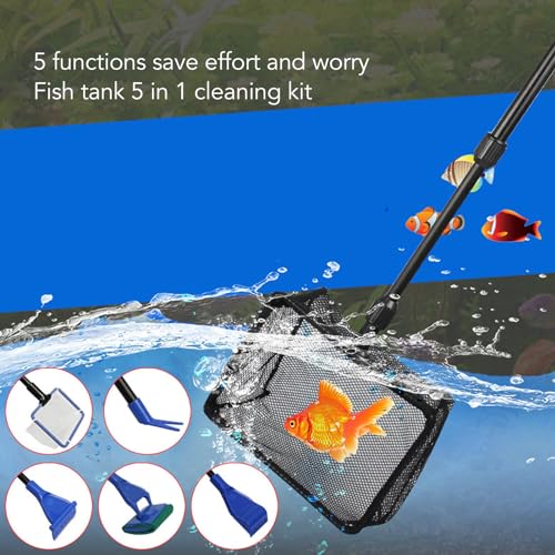 Fish Cleaning Tools, 5 in 1 Gravel Rake Scraper Plant Fork Sponge Brush Fish Net Comfortable Grip Aquarium Cleaning Tool Kit for Aquarium Telescopic Cleaning