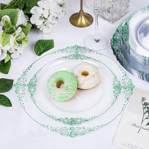 Hioasis 175pcs Clear and Green Plates - Green Party Plates for 25 Guest, Include 50 Heavy-duty Plates(20% Thicker Than Standard), 25 Pre Rolled Gold Plastic Silverware Set, 25 Cups - color: Clear and Green