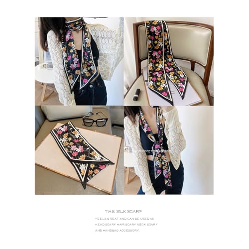 Silk Feeling Head Scarf Fashion Satin Hair Scarf Square Long Scarves for Women Gifts - color: 02 Black Flower 5.12 X 59 Inch