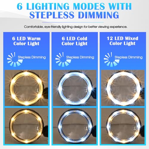 45X Magnifying Glass with Light, 4.6-Inch 1200mAh USB Rechargeable, 6 Color Modes for Low Vision Seniors, Reading, Jewelry & Coin Appraisal - Black Silver - color: Black-silver