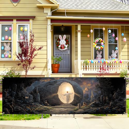 Christian Easter Resurrection Fence Banner 118 x 35 Inch, Large Waterproof Outdoor Religious Banner with Empty Tomb Scene for Yard Church Fence Decorations - color: 224-1