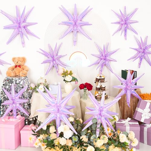 9Pcs Iridescent Purple Star Balloons, Spike Foil Balloons Kpop Decor - color: Iridescent Purple