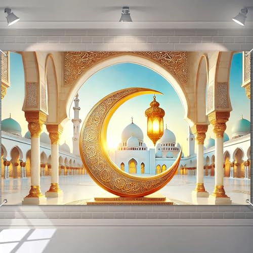 BlissYard Ramadan Banner Eid Mubarak Decoration 71x43 Inch Crescent Moon Lantern Mosque Dome Islamic Wall Art Ramadan Kareem Backdrop for Muslim Festival Indoor Outdoor Spiritual Party Display