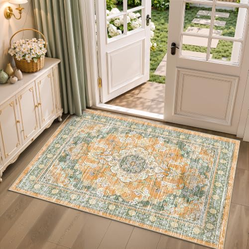 2x3 Boho Washable Entryway Area Rugs, Small Non Slip Door Mat, Green Orange - color: Green Orange, size: 2' x 3' (Rectangular)