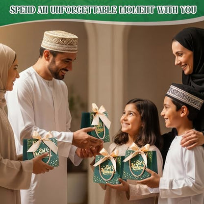 Glenmal 60 Pcs 5.51x2.36x4.72'' Ramadan Gift Bags Ramadan Mubarak Green Paper Party Bags Eid Mubarak Treat Goodie Bag with Handle and Ribbon for Ramadans Kareem Eid Mubarak's Party Supplies - color: Green, size: 1 count (Pack of 60)