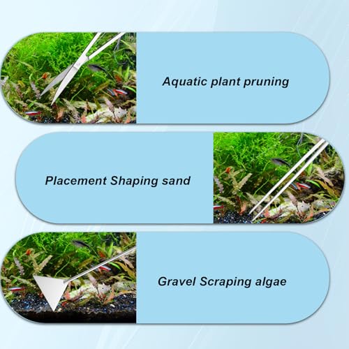 7 Pcs Aquarium Aquascape Tools Kit, Stainless Steel Aquatic Plant Aquascaping Set with Straight/Curved Long Tweezers Scissors Spatula Algae Scraper & 2 Replacement Heads Fish Tank Cleaning Kit