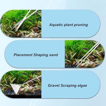 7 Pcs Aquarium Aquascape Tools Kit, Stainless Steel Aquatic Plant Aquascaping Set with Straight/Curved Long Tweezers Scissors Spatula Algae Scraper & 2 Replacement Heads Fish Tank Cleaning Kit