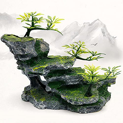 IBWell Aquarium Ornament, Mountain View Stone with Moss Tree Rock Cave Landscape Artificial Fish Tank Decoration