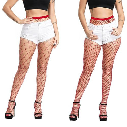 E-Laurels Womens High Waist Patterned Fishnet Tights Suspenders Pantyhose Thigh High Stockings Black - color: Red 2 Pcs L+xl