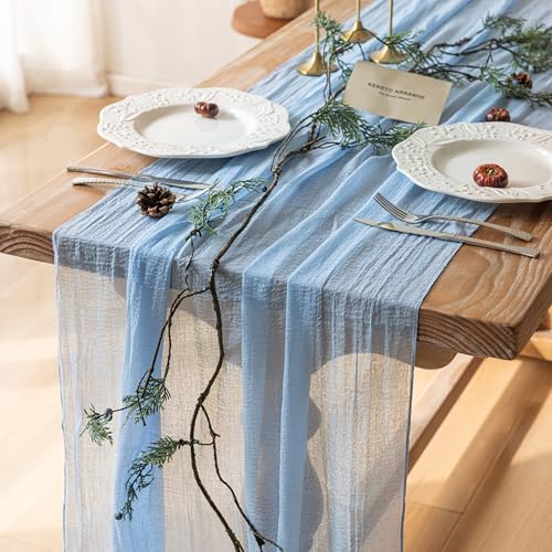3Pcs Light Blue Cheesecloth Table Runner 120 Inches for Party Home Decor - color: Light Blue, size: 35"x120"(Pack of 3)