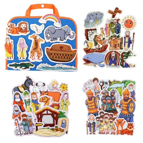 CHEFAN 4 Pack Felt Board Bible Stories Set, Flannel Board Stories Include Noah's Ark, Jonah and The Whale, David and Goliath, The Nativity of Jesus, 50 pcs Precut Flannel Graph Bible Toys for Kids - color: Noah's Ark & Other 3 Bible Stories Set