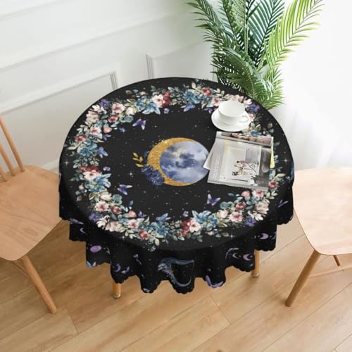 Moon Floral Tablecloth, Boho Moon Phase Astrology Mystical Gothic Wildflower Stars Witchy Water Resisitant Wipeable Table Cover for Dining Kitchen Living Room Home Party Holiday Decor 36 inch Round - color: Tc-boho Flower06, size: 36" (Round)