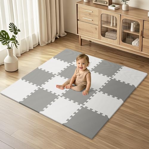 16 Tiles Baby Play Mat for Floor, EVA Foam Baby Floor Play Mat with 0.6 Inch Thick Interlocking Foam Tiles, Foam Floor Tiles for Baby, Toddlers and Kids (Grey-White, 16PCS) - color: Grey-white, size: 16 PCS