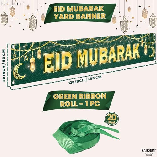 KatchOn, Large Eid Mubarak Banner – 120x20 Inch | Green Eid Decorations for Home, Eid Sign, Eid Mubarak Yard Banner, Perfect for Eid al-Fitr Decorations & Eid al-Adha Celebrations