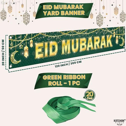 KatchOn, Large Eid Mubarak Banner – 120x20 Inch | Green Eid Decorations for Home, Eid Sign, Eid Mubarak Yard Banner, Perfect for Eid al-Fitr Decorations & Eid al-Adha Celebrations