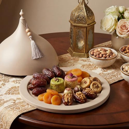 Qinyoung Decorative Ramadan Dates Cover, 12 Inch Taupe Metal Serving Dome Cloche Cover with Silver Tassel for Dates, Eid Serving Platter, Elegant Iftar and Suhoor Table Centerpiece - size: 12 Inch, style: Classic