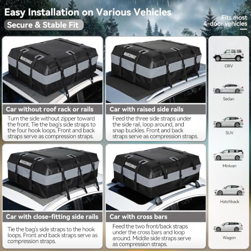 MARCHWAY Waterproof Car Roof Luggage Bag, Weatherproof Soft Shell Rooftop Cargo Carrier Bag for Vehicles with or Without Rack. 6 Door Hooks, Anti Slip Mat, Lock Included (21 Cubic Feet, Black) - size: 21 Cubic Feet, Black