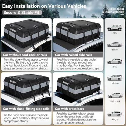 MARCHWAY Waterproof Car Roof Luggage Bag, Weatherproof Soft Shell Rooftop Cargo Carrier Bag for Vehicles with or Without Rack. 6 Door Hooks, Anti Slip Mat, Lock Included (21 Cubic Feet, Black) - size: 21 Cubic Feet, Black