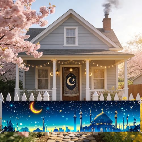 Nuxovilar Ramadan Mosque Moon Banner Night Sky Crescent Star Decoration Polyester 78x18 Inches Ramadan Yard Sign for Outdoor Mosque Community Home - color: cp00645