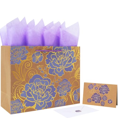 13" Large Kraft Purple Roses Gift Bag Set with Handles, Greeting Card, White Tissue Papers and Stickers for Women Girls for Birthdays, Valentine's Day, Weddings, Anniversaries, Mother's Day, Roses Design, 1 Pcs - color: (Large) Kraft