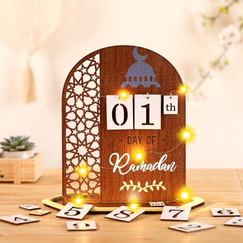 Eid Mubarak Decor Ramadan Advent Calendar with Light String Wooden Countdown Calendars Decorations for Home, 30 Days Til Eid 2026, Ramadan Gift Muslim Islamic Decorations(Fancy) - style: Fancy