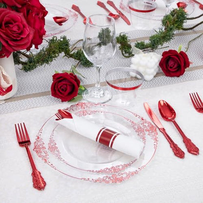 Hioasis 175pcs Clear and Red Plates - Red Party Plates for 25 Guest, Include 50 Heavy-duty Plates(20% Thicker Than Standard), 25 Pre Rolled Gold Plastic Silverware Set, 25 Cups for Graduation - color: Clear and Red