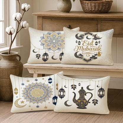 Lantern Throw Pillow Covers Set of 4, Islamic Festive Crescent Star Eid Gold Soft Velvet Washable Pattern Pillow Covers for Home Bedroom Living Room Sofa Couch Decor 20x12 Inch - size: 20" x 12" (Pack of 4)