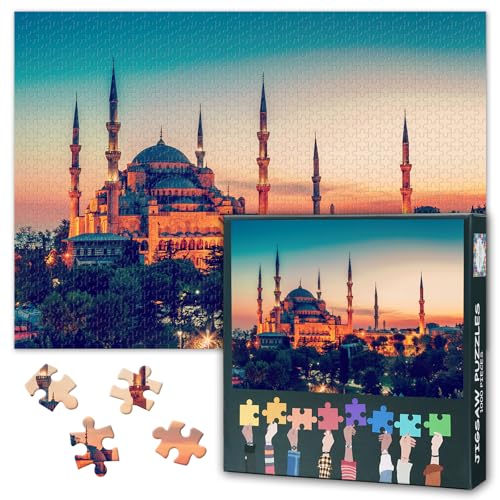 Jigsaw Puzzle 1000 Pieces for Adults Blue Mosque Istanbul with Lantern Light Islamic Wall Decor Turkey Landscape Artwork Large Puzzle for Home and Office 27.5x19.7 Inch - color: Artwork-07