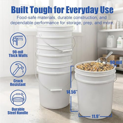 5 Gallon Bucket - Food Grade w/Lid BPA-Free, White/Black, 3 | Airtight Gamma Seal Screw-On Lid, Heavy-Duty 90 Mil HDPE Plastic, Food Safe and Durable Container, Bulk Storage, Made in USA - color: White/Black, size: 3 Packs