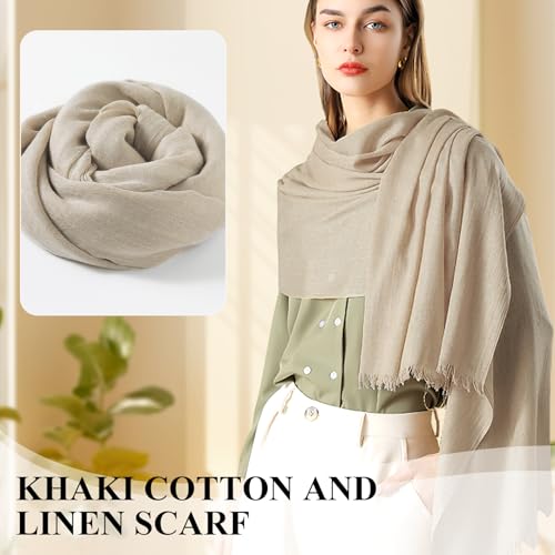 Extra Large Cotton Linen Shawl Wrap for Women, Elegant Scarf with UV Protection Breathable Lightweight Head Cover Hijab - color: Khaki