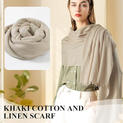 Extra Large Cotton Linen Shawl Wrap for Women, Elegant Scarf with UV Protection Breathable Lightweight Head Cover Hijab - color: Khaki