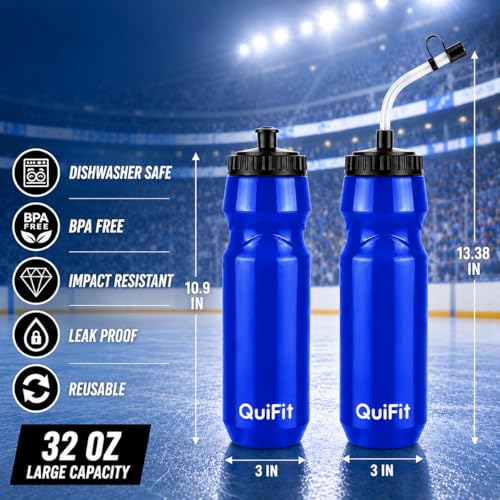 QuiFit Lacrosse Water Bottle with Long Straw -32oz Hockey Water Bottle 2 Pack with 2 Lids Each- BPA Free Squeeze Sports Water Bottles, Leakproof Dishwasher Safe- for Helmet,Lacrosse (Blue) - color: Blue