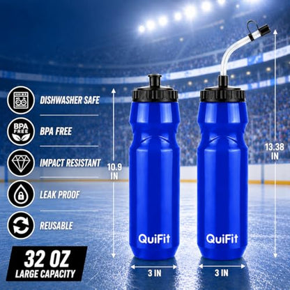 QuiFit Lacrosse Water Bottle with Long Straw -32oz Hockey Water Bottle 2 Pack with 2 Lids Each- BPA Free Squeeze Sports Water Bottles, Leakproof Dishwasher Safe- for Helmet,Lacrosse (Blue) - color: Blue