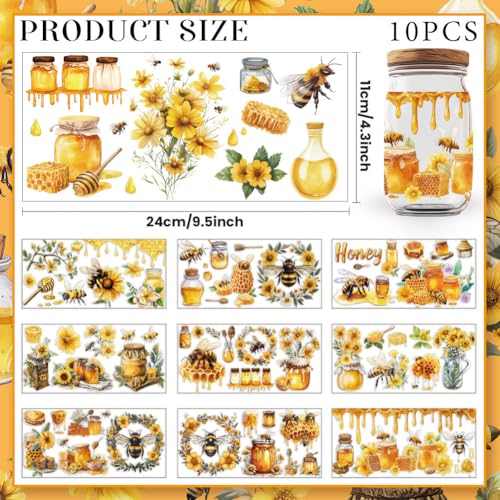 10 Sheets UV DTF Cup Wraps, 10 Styles Sweet Honey Decals Cartoon Bee Theme Rub on Decals Waterproof Transfer Stickers for Glass Cups Wood Crafts - style: Sweet Honey