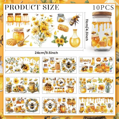 10 Sheets UV DTF Cup Wraps, 10 Styles Sweet Honey Decals Cartoon Bee Theme Rub on Decals Waterproof Transfer Stickers for Glass Cups Wood Crafts - style: Sweet Honey
