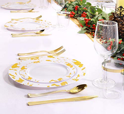 Nervure 175PCS Gold Plastic Plates with Marble Printing & Gold Plastic Silverware:50 Plates, 25 Forks, 25 Knives, 25 Spoons, 25 Cups, 25 Napkins for Thanksgiving & Wedding - color: Gold Marbling