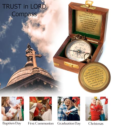 Trust in The Lord with All Your Heart -Proverbs 3: 5-6 Quote Engraved Compass with Wooden Box, Baptism Gifts for Boys, Inspirational Gifts Men, Graduation Day Gifts, First Communion Gifts : Sports & Outdoors