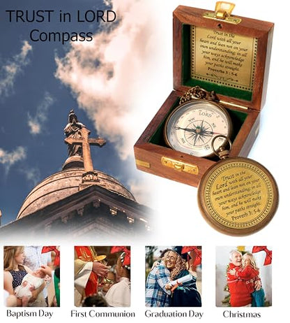 Trust in The Lord with All Your Heart -Proverbs 3: 5-6 Quote Engraved Compass with Wooden Box, Baptism Gifts for Boys, Inspirational Gifts Men, Graduation Day Gifts, First Communion Gifts : Sports & Outdoors