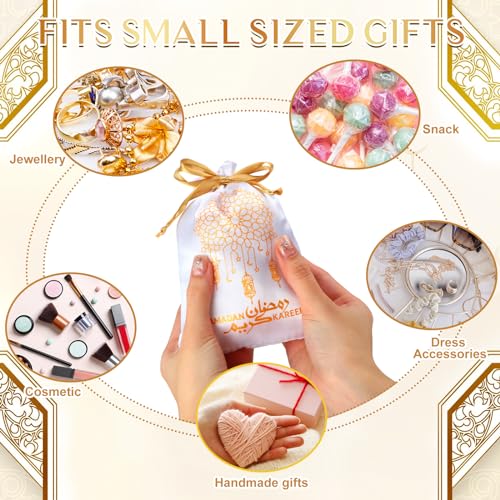 Coume 100 Pcs Eid Ramadan Mubarak Satin Gift Bags with Drawstring 5 x 7 Inch Silk Eid Party Favor Jewelry Pouches for Ramadan Supplies Candy Bags Muslim Party Decoration