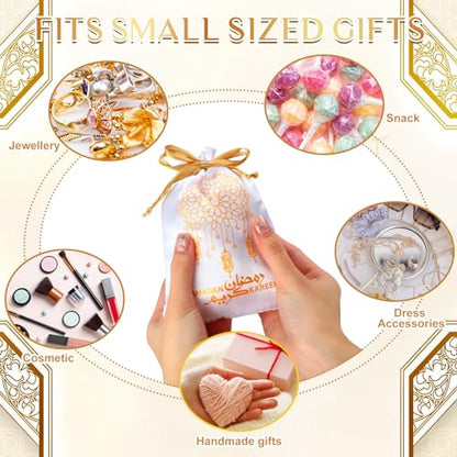 Coume 100 Pcs Eid Ramadan Mubarak Satin Gift Bags with Drawstring 5 x 7 Inch Silk Eid Party Favor Jewelry Pouches for Ramadan Supplies Candy Bags Muslim Party Decoration