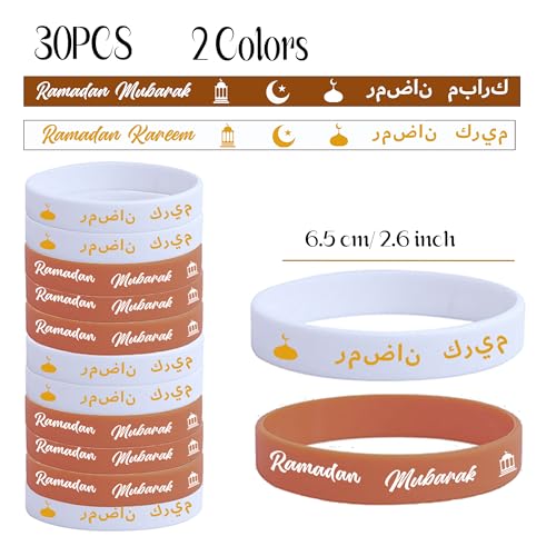 30 Sets Ramadan Eid Mubarak Silicone Bracelets with 99 Names of Allah Bookmark, Islamic Party Favors Bulk, Mubarak Kareem Wristbands, Muslim Gift Set for Family Friends School Classroom Events - style: Two Color-30