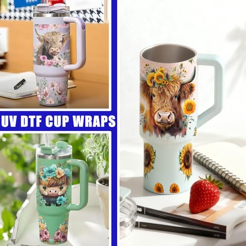 6 PCS Cow Flower UV DTF Stickers, UV DTF Cup Wrap for 40oz | Vibrant washable UV DTF cup wrap transfers with strong adhesion for glass cups, mugs and smooth hard surfaces - style: Cow Flower