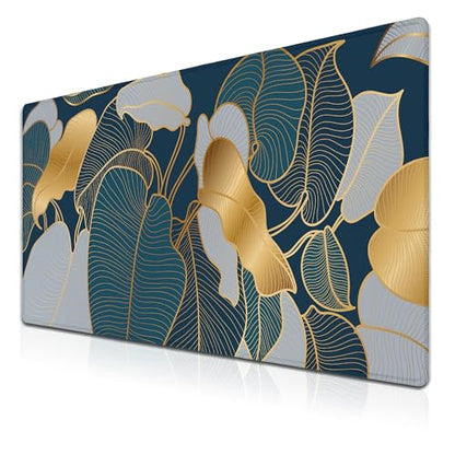 Mouse Pad for Women Gold Blue Desktop Pad Gaming Mouse Pads Large Mousepad Office Pad Waterproof Non-Slip Rubber Base 35.4" X 15.7" for Game Office, Precious Leaves of The Jungle - color: Precious Leaves