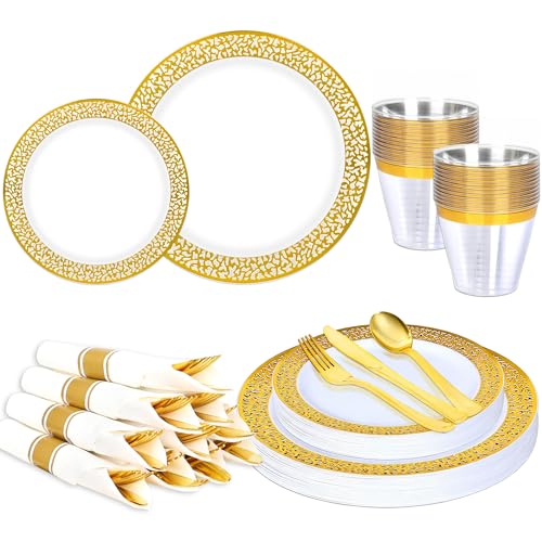 70Pcs Gold Plastic Dinnerware for 10 Guests,Gold Lace Disposable Plastic Plates Including 10 Dinner&Dessert Plates,Cups,Plastic Silverware for Party,Birthday,Wedding - color: Gold, size: 10 Guests