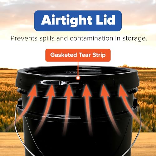 5 Gallon Bucket w/Lid, Food Grade BPA-Free, 6 Pack, Black | Airtight Lid, Mallet and Lid Opener Included, Heavy-Duty 90 Mil HDPE Plastic, Food-Safe Durable Container, Made in USA - color: Black, size: 6 Packs