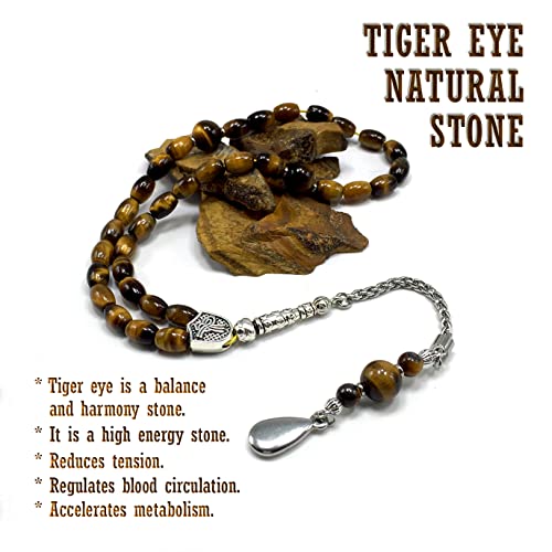 Design -Tiger Eye Stone Series Worry Beads - Prayer Beads (8 mm-33 Beads) Tesbih-Tasbih-Tasbeeh-Misbaha-Masbaha-Subha-Sebha-Sibha-Rosary (-Oval Cut Drop Model 6x9 mm-) - color: -Oval Cut Drop Model 6x9 mm-