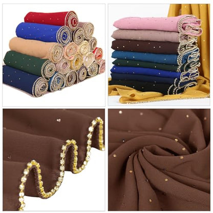 Hijab Scarf for Women Soft Chiffon Rhinestone Long Scarf Shawl Fashion Muslim Hijab Head Wrap Scarves - color: Coffee