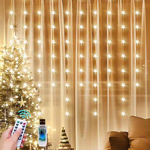 Star Curtain Lights Hanging Star Light for Window 70 Stars String Lights for Wall Décor USB Plug in 8 Modes Twinkle Fairy Lights for Christmas, Bedroom, Indoor, Outdoor, Weddings, Party (Warm White) - color: Warm White, size: 10 x 2.6 FT